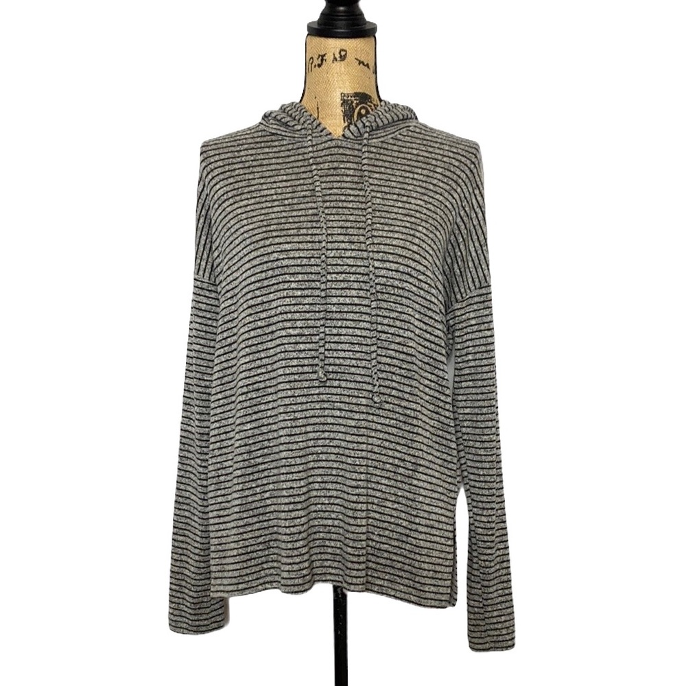 Casual Grey Striped Hooded Pullover Top S